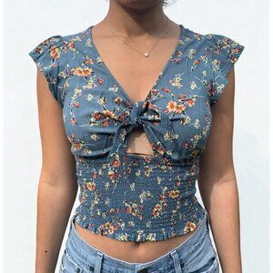 Floral Print Blue Smocked Crop Top With Tie Front & Flutter Sleeves - Size M